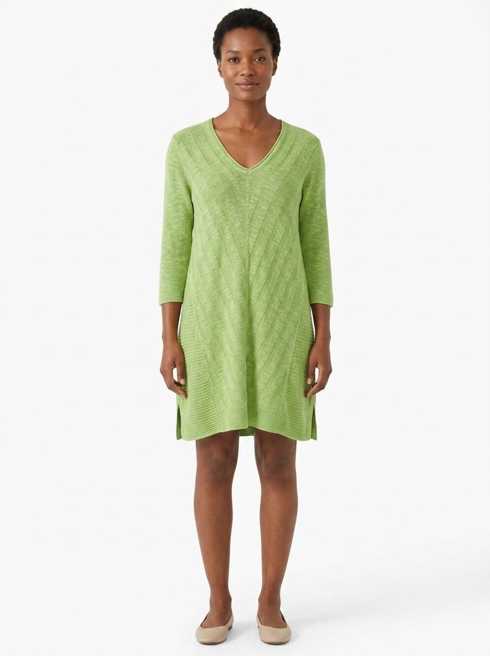 J.Jill Linen Blend Green Knit V-Neck Sweater Dress Women Size S
